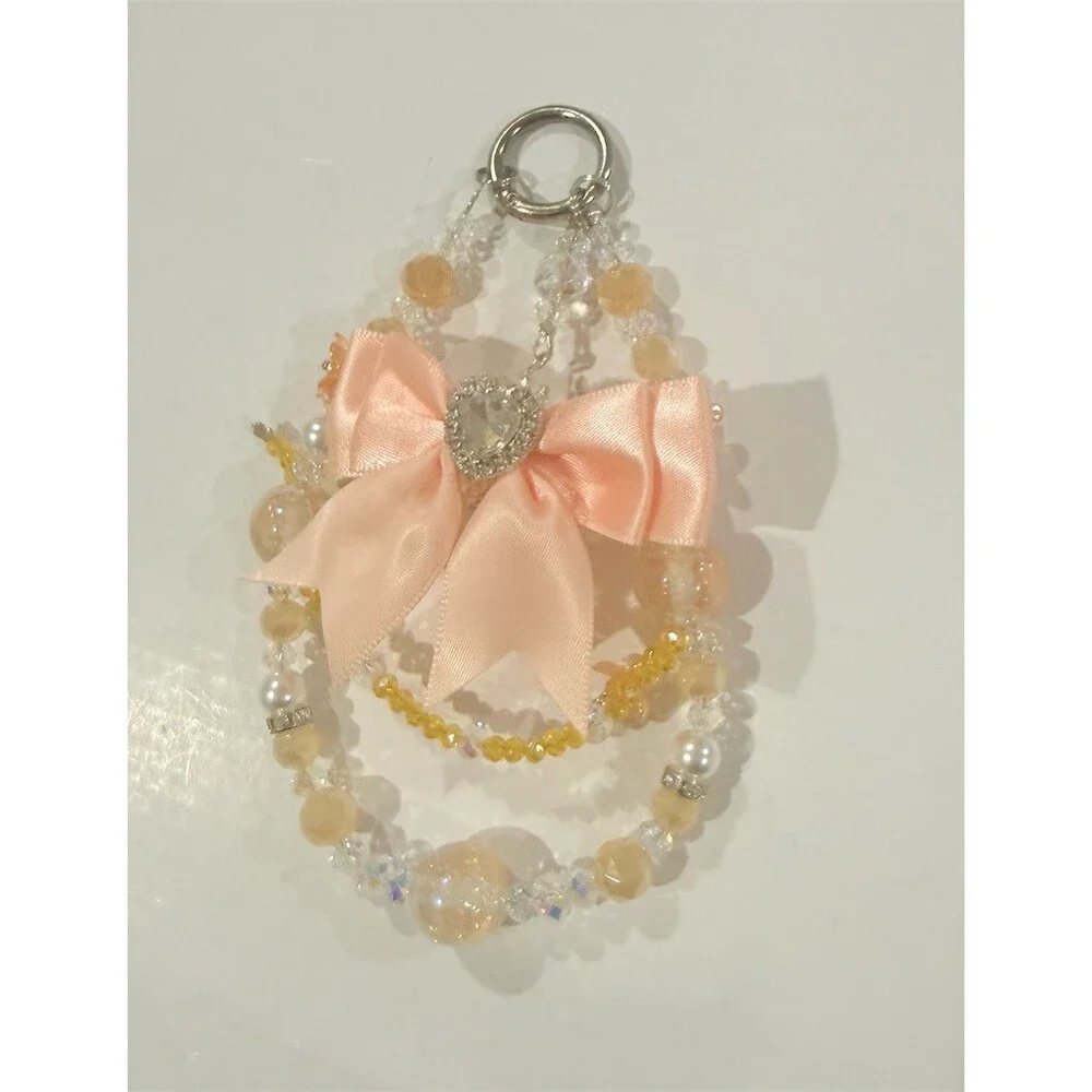 Peach Bow Beaded Keychain Purse Charm Heart Crystal bling Pearl handmade gift